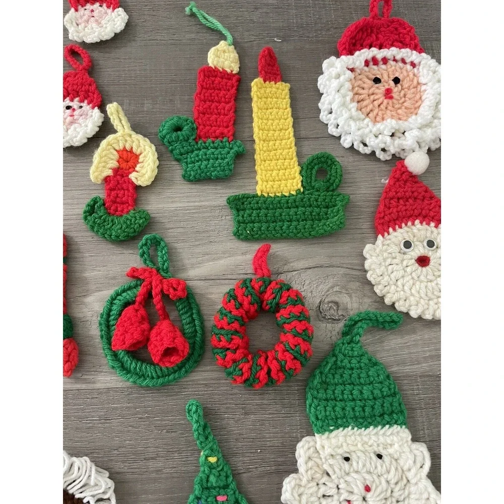 Vintage Lot of 33 Handmade Chrocheted Christmas Ornaments Santas Wreaths Candles